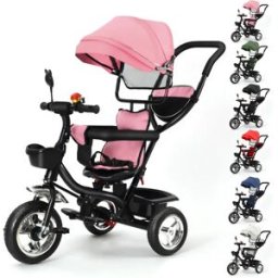 NONE Triciclo per bambini con sedile reversibile, triciclo per bici per bambini con spazio di archiviazione, parasole, triciclo a spinta per ragazze e ragazzi Rosso