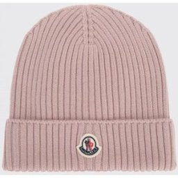 Moncler Berretto da bambino e bambina in pura lana a coste con patch logo Rosa Taglia L