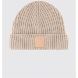 Loewe Beanie in puro cashmere a coste con risvolto e patch logo Beige Taglia OS