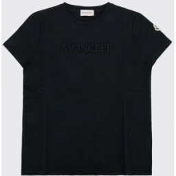 Moncler T-shirt a girocollo da bambino in puro cotone con logo patch applicato Nero Taglia 14