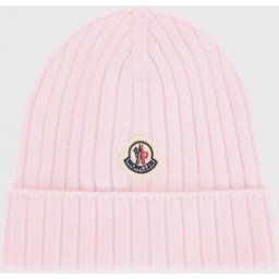 Moncler Berretto da bambina in lana extrafine a coste con patch logo Rosa Taglia XS