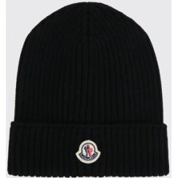 Moncler Berretto da bambino e bambina in pura lana a coste con patch logo Nero Taglia M