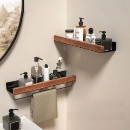 YUNJIEYA Mensola Angolare in Legno e Alluminio, Scaffale per Shampoo, Mensola da Parete per Doccia, Organizzatore per Bagno, Accessori per Bagno