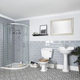 Set Bagno con Box Doccia Angolare, Sanitario WC Monoblocco e Lavabo su Colonna - Ryther