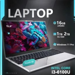 NONE Laptop portatile da 15,6" con Windows 11 Pro, processore Intel Core i3 6100U, 16GB di RAM, 1TB SSD, sblocco tramite impronta digitale, computer per ufficio.