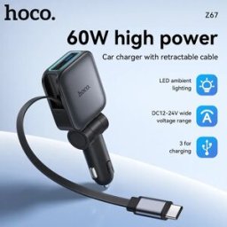 HOCO Caricabatterie da auto 60W a ricarica rapida con cavo USB-C retrattile per iPhone 17 16, caricatore sottile pieghevole da presa accendisigari per auto