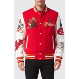 Philipp Plein Bomber Varsity in panno di lana bicolor con patch ricamate Rosso Taglia 3XL