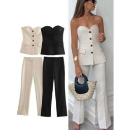 HH donna elegante pantalone solido bottone frontale canotte sexy senza spalline + pantaloni con spacco laterale set streetwear moda femminile