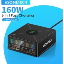 ASOMETECH Caricatore USB da 160 W 5 porte Staion 15 W Ricarica wireless PD 65 W QC3.0 Tipo C Caricatore rapido per iPhone 15 Pro MacBook Samsung Laptop