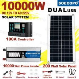 soecopo Kit Completo Sistema Solare 10000W da 12V a 220V con Regolatore 100A e Pannello Solare 200W - Generatore di Energia Solare per Casa/Campeggio con Batteria di Backup