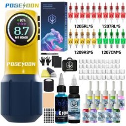 Poseidon Kit tatuaggio Kit penna tatuaggio giallo carino per kit macchina tatuaggio trucco permanente Nuovo kit pistola tatuaggio alimentatore