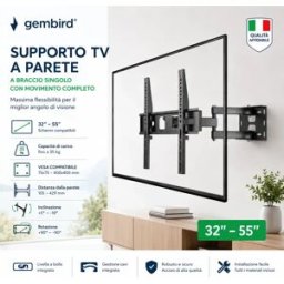 GEMBIRD (欧盟) Supporto TV da Parete Full Motion 32”-55” Staffa TV Girevole Orientabile Inclinabile Estensibile VESA 75x75 400x400 per Smart TV LCD LED OLED QLED Braccio Singolo Rotazione 180° Max 35 Kg con Livella