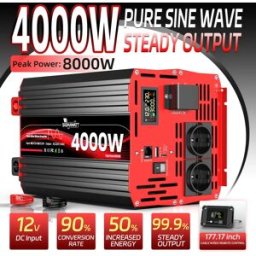FLAMEZUM Inverter di Potenza a Onda Sinusoidale Pura DC 12V 24V AC 230V 4000W Nominale 8000W di Picco con LCD, Telecomando, USB Type-C per Auto e Campeggio Off-Grid