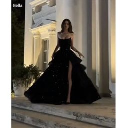 MCDV Abito da ballo in tulle nero Bella con spacco laterale, linea ad A, senza spalline, elegante, personalizzabile, senza maniche, Vestidos De Fiesta 2026