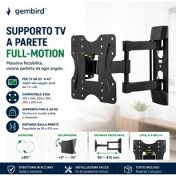 GEMBIRD (欧盟) Supporto TV da Parete Full Motion Gembird 23”-42” – Staffa TV Orientabile e Inclinabile con Braccio Estensibile, Supporto VESA 200x200, Rotazione 180°, Inclinazione Regolabile, Porta TV LED LCD