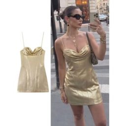 HH Abito Mini Estivo Elegante da Donna Oro Lucido con Spalline Sottili Vestibilità Aderente per Appuntamenti, Cene, Feste, Vacanze e Serate