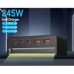 Ueetop Caricatore GaN da 245W 5 in 1 da Tavolo con Luce Notturna per iPhone 17 16 15 14 Pro Max, Samsung, Tablet, iPad e Telefoni Cellulari