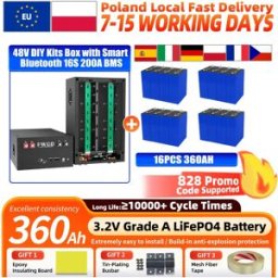 fullfutura Batteria LiFePO4 360Ah 3.2V, 10.000 cicli, cella prismatica ricaricabile LFP con kit fai-da-te 48V, box con bilanciamento attivo 2A, BMS 16S 200A, massimo 16 unità in parallelo, design portatile
