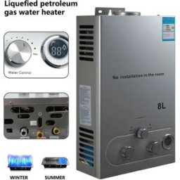 Vremota Scaldabagno a Gas LPG 6L/8L in Acciaio Inox Senza Serbatoio con Kit Doccia per Casa e Campeggio