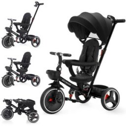 NONE Triciclo pieghevole per bambini, triciclo 3 in 1 per bambini con maniglia regolabile per i genitori, schienale, seggiolino di sicurezza, freni a ruota, tettuccio parasole rimovibile, giocattolo da