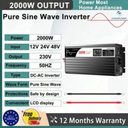 cnswipower Inverter a Onda Sinusoidale Pura 2000W da DC 12V/24V/48V a AC 230V, Convertitore di Potenza Portatile per Camper, Campeggio, Casa e Backup di Emergenza