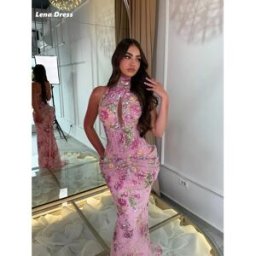 MCDV Abito da ballo Lena in pizzo floreale da donna, scollo rotondo, per occasioni speciali, rosa, abito da sera e da cerimonia