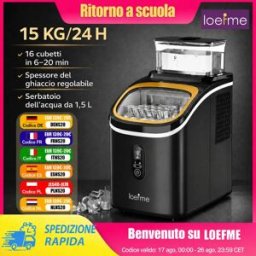 Loefme Macchina per Ghiaccio 15kg/24h 16 Cubetti in 6-20 Min Display Digitale Timer Serbatoio Acqua 1,5L con Spessore del Ghiaccio Regolabile