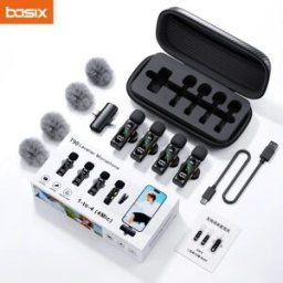 basix Microfono Lavalier wireless mini per iPhone Android, registrazione audio e video portatile, trasmissione live, giochi, con 4 microfoni ricevitori