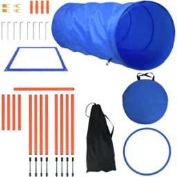 NONE Set per Addestramento Agility per Cani, Kit Percorso Ostacoli per Animali Domestici da Esterno con Tunnel, Anelli, Pali Regolabili, Attrezzatura per Addestramento Cuccioli con Borsa per il Trasporto