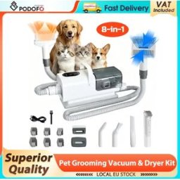 NONE Podofo Asciugacapelli per Animali Domestici, Kit Aspirapolvere e Asciugatore 8-in-1, Aspirapolvere per Peli di Cane, Contenitore Polvere 2.2L, Bassa Rumorosità, Kit Toelettatura Cani e Gatti,