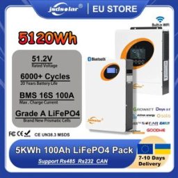 jsdsolar Kit Batteria Solare 5120Wh 100Ah BMS 16S Sistema di Accumulo Solare 48V Pacco Batteria Lifepo4 6000+ Cicli Bluetooth CAN RS485