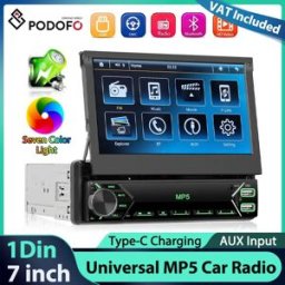 podofo Autoradio 7'' con Schermo Retrattile, Lettore Multimediale MP5 1Din, Bluetooth, Mirror Link, Touch Screen, EQ, Ricarica Type-C
