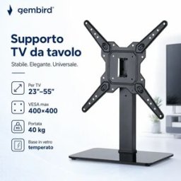 GEMBIRD (欧盟) Supporto TV da Tavolo Universale 23-55 Pollici, Base in Vetro Temperato, Supporto Girevole ±35°, Altezza Regolabile 3 Livelli, VESA Max 400x400, Portata 40 kg, Stand TV da Scrivania per LCD LED OLED