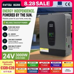 DATOUBOSS Inverter Solare Ibrido Off-Grid 3000W 24V a 230V a Onda Pura con Regolatore di Carica MPPT per Uso Domestico