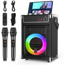 FanFun JYX 69-black Macchina per Karaoke con 2 Microfoni Wireless UHF, Altoparlante Bluetooth con Regolazione Bassi/Alti/Echo e Luce LED