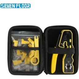 seven floor Pinza Crimpatrice Pass-Through RJ45, Kit Utensili Crimpatura LAN Cat6 8P8C con Spellafili, 10 Connettori Cat6 e Protezioni Antistrappo