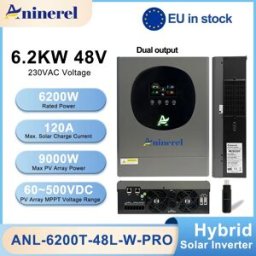 Aninerel Inverter Solare Ibrido 6.2kW 48V con Doppia Uscita, Display LCD a Colori, Inverter On/Off Grid MPPT 120A PV 500VDC 4.2KW 24V con WiFi