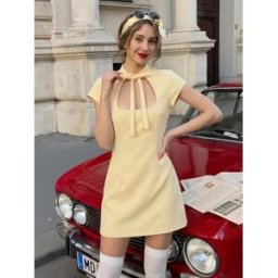 HH Abito Mini Elegante da Donna a Maniche Corte con Fiocco e Colletto Allacciato, Vestito Slim a Pois, Abito Sexy Estivo 2026 per Feste in Spiaggia