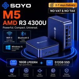 Soyo M5 Mini PC AMD Ryzen 4300U W-11 Pro (4C/4 GPU, fino a 3,7 GHz) 16GB LPDDR4/512GB SSD, PC desktop 4K a 60Hz con triplo schermo (HDMI + Type-C + DP 1.4)/Wi-Fi 5/BT 4.2/LAN per l'uso multimediale e