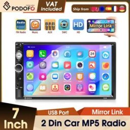 podofo Autoradio 2Din 7'' con supporto Android/iPhone Mirror Link, comandi al volante, lettore multimediale, Bluetooth, radio FM, AUX, ricarica USB