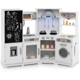 Costway Cucina giocattolo angolare in legno con luci e cappa e accessori ricchi, Set da cucina per bambini di 3+ anni Bianco