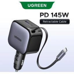 UGREEN Caricabatterie da auto 145W 90W 60W con 3 porte USB-C e 1 porta USB-A, ricarica rapida PD QC4.0 e cavo retrattile per iPhone 18 Pro e MacBook.