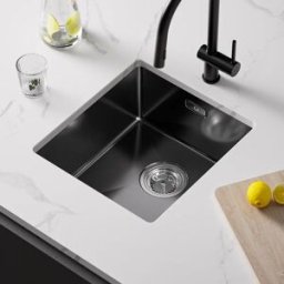 CECIPA max Lavello Cucina Nero Acciaio Inox 40 x 44 cm Vasca Singola Sottotop Fatto a Mano Rivestimento Nano Lavello Compatto per Cucina Piccola Camper Sifone Scarico Kit