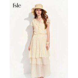 FANSILANEN FSLE 2026 Abito Lungo Estivo da Donna in Chiffon con Balze a Strati e Bordo in Pizzo, Stile Romantico Francese Coquette