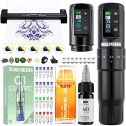 DRAGONHAWK Kit Completo per Tatuaggi, Stampante termica per stencil di tatuaggio formato A4, penna rotativa senza fili con 7 corse differenti, forniture per tatuaggi per principianti