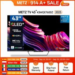 Metz Smart TV Qled+ 4K UHD 43" con Google TV e schermo opaco antiriflesso, Dolby Vision, Dolby Atmos, HDR, Wi-Fi 2024 43Mqe7600Z