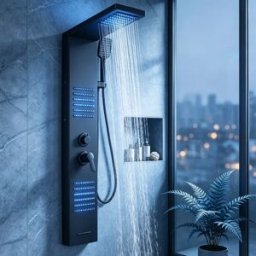 quyanre Colonna Doccia a LED Nera con Pannello Idromassaggio, Cascata e Massaggio Idroterapico, Miscelatore per Bagno e Spa