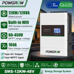 Powgrow Inverter Solare Ibrido 12KW con Doppio MPPT, Caricatore 48V 220V 160A, Ingresso PV Max 500V, Protezione BMS, Convertitore a Doppia Uscita