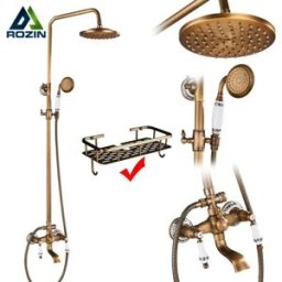 rozin Set Doccia in Ottone Anticato Rosin, Colonna Doccia da Bagno con Mensola, Miscelatore Acqua Calda e Fredda con Effetto Pioggia, Doccetta a Mano