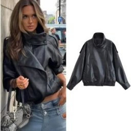Guobioziy Giacca da Donna Autunno 2026 Nuova Nera a Maniche Lunghe in Ecopelle Effetto Ciottolato Stile Motociclista Personalità Moda